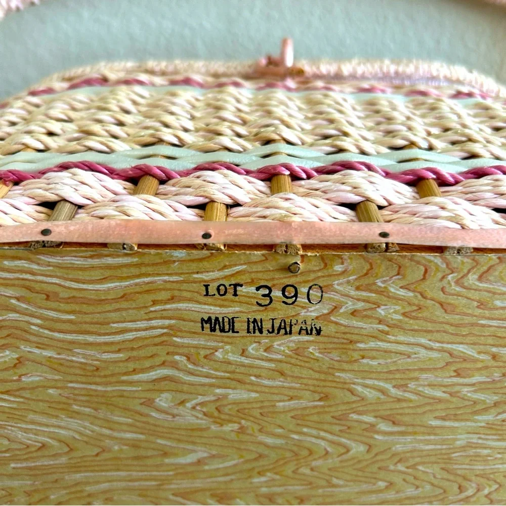 Vintage Sewing Basket Large Pink Rattan Original Clear Tray for Penny’s in Japan
